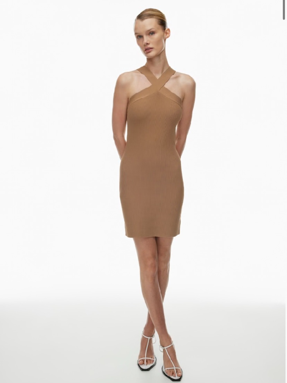 Babaton Ribbed Cross-Back Mini Dress in Camel Brown